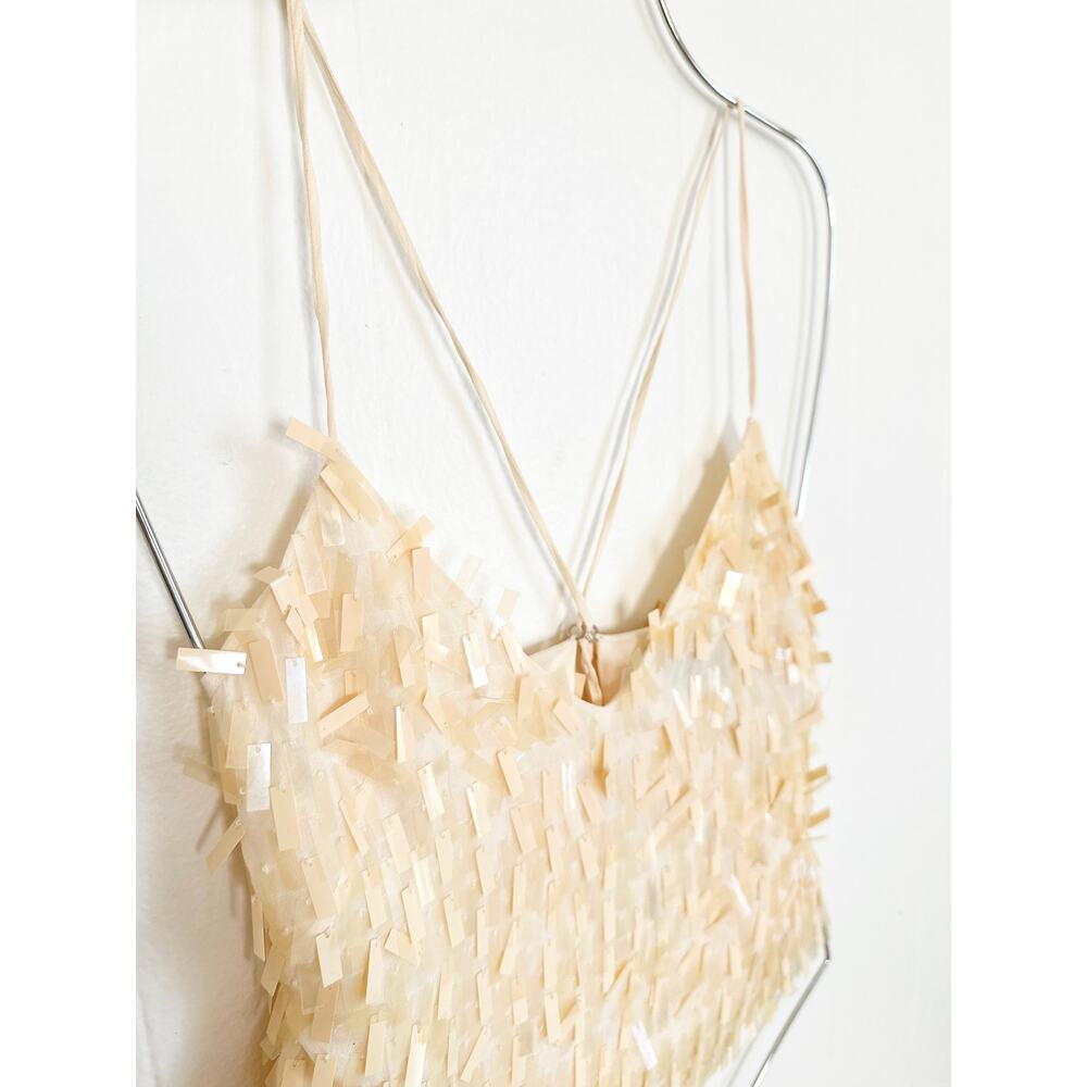 Vtg 90s/ Y2K BCBGMAXAZRIA Cream Sequin Silk Fringe Top Fairy Whimsy Clubwear - Picture 4 of 9